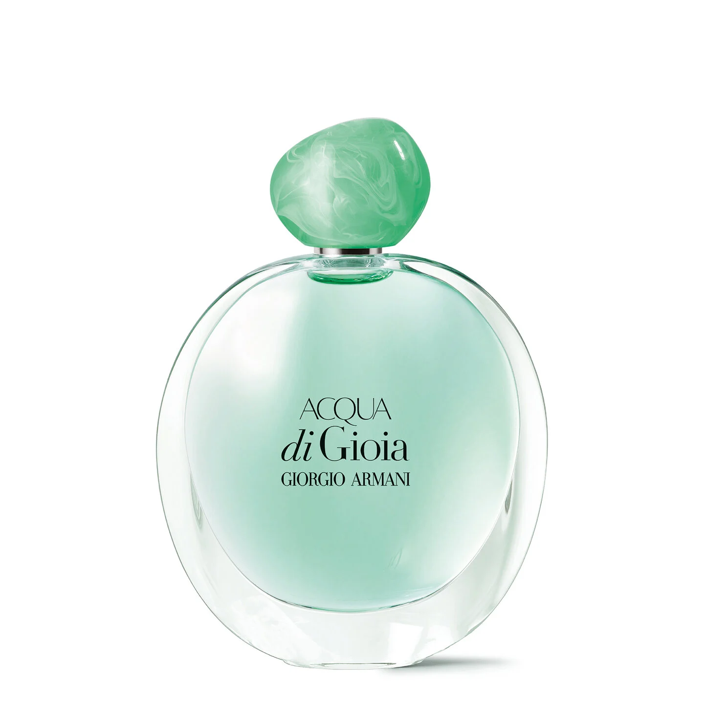 Giorgio Armani Acqua di Gioia Eau de Parfum bottle nestled amongst dewy green leaves and water droplets, evoking its fresh, natural essence.