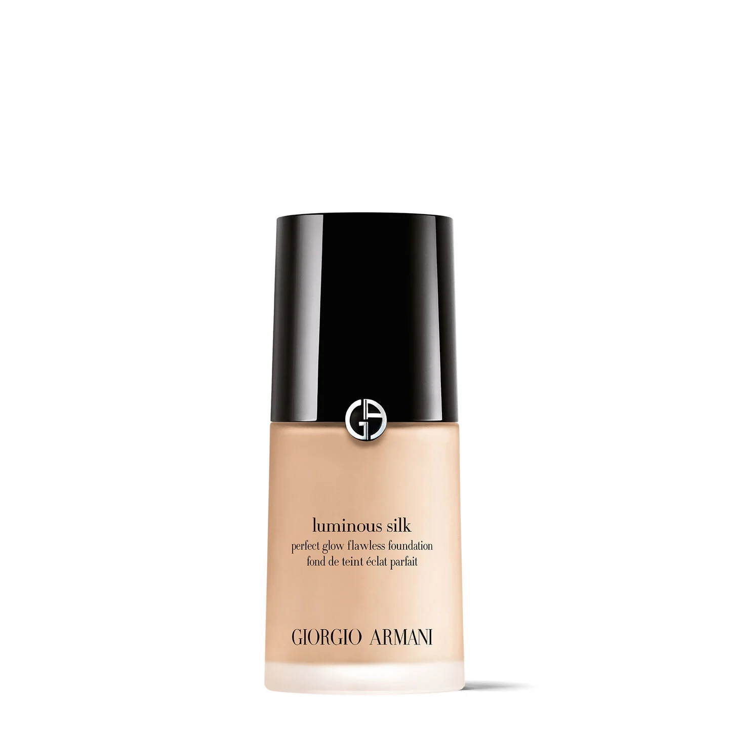 Giorgio Armani Luminous Silk Foundation bottle alongside a smear of its silky texture, showcasing the shade range.