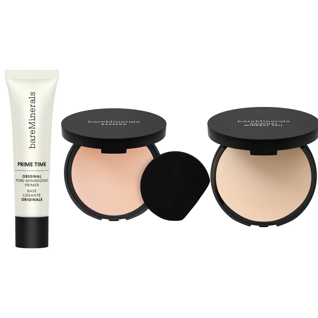 A collection showing a BAREPRO Performance Wear Liquid Foundation, BAREPRO 16HR Full Coverage Concealer, and a Luxe Performance Brush from bareMinerals.
