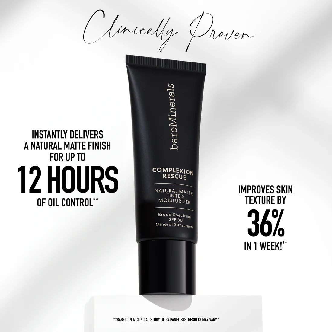 Tube of bareMinerals Complexion Rescue Natural Matte Tinted Moisturizer with a smooth, matte swatch of its texture.
