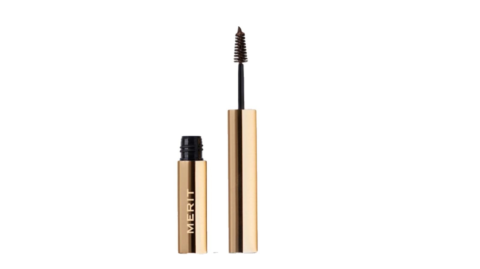 Merit Brow 1980 Volumizing Pomade tube displayed thoughtfully alongside a small green plant, suggesting its natural and clean ethos.