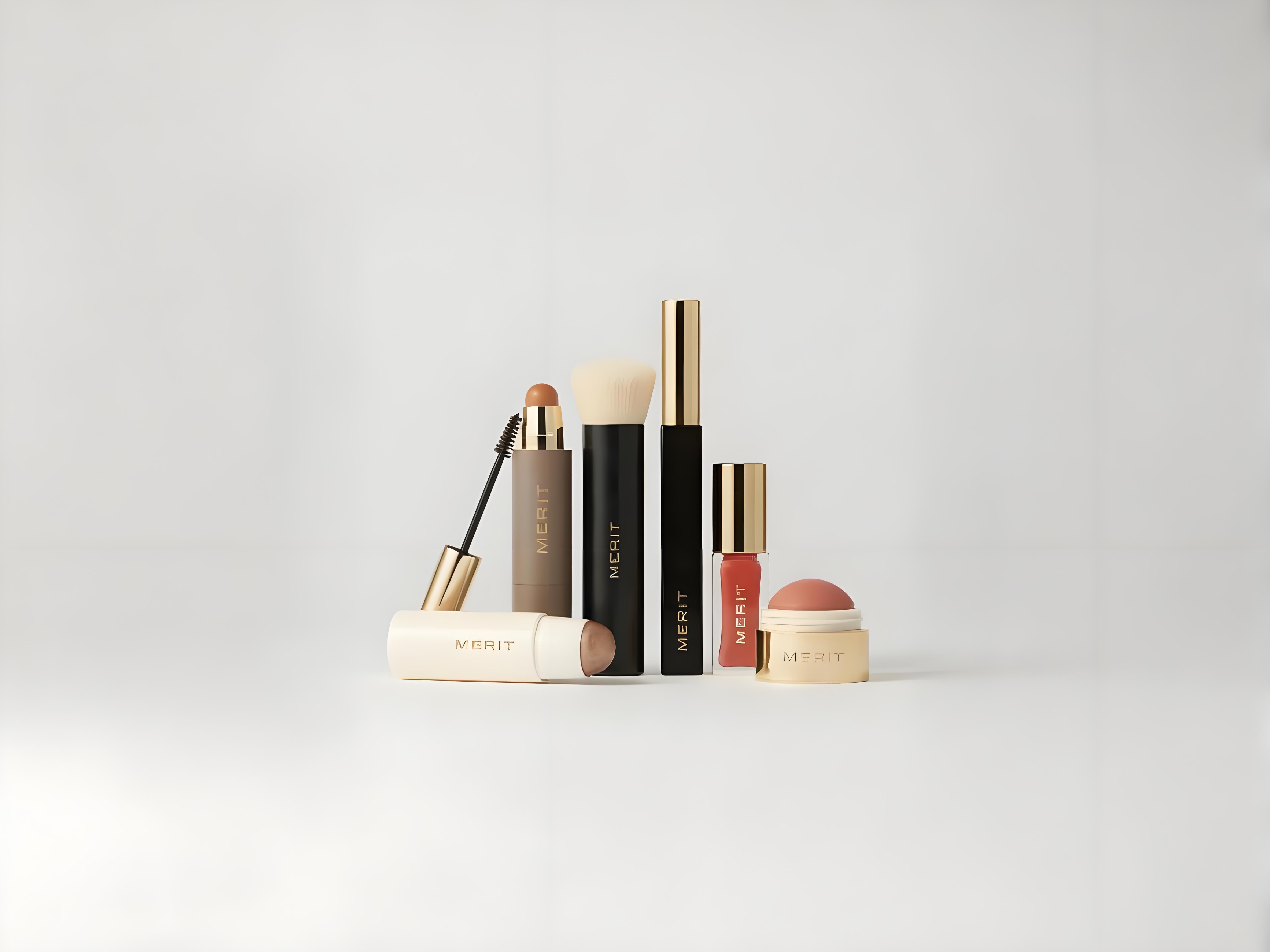 Flatlay of Merit Beauty's Five-Minute Morning set components: The Minimalist, Clean Lash, Flush Balm, Brow 1980, and The Signature Bag.