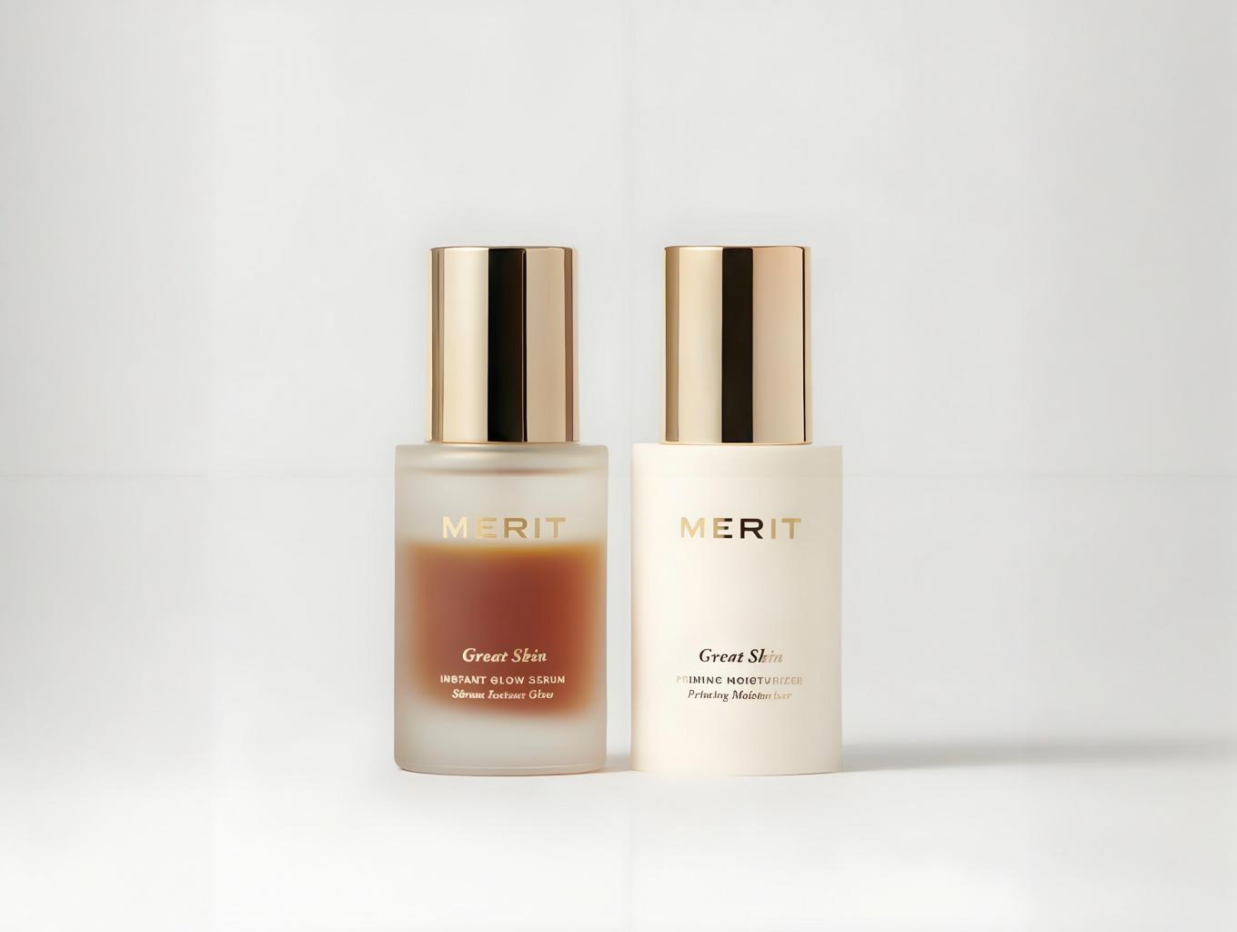 Merit Beauty's The Great Skin Duo: Great Skin Instant Glow Serum and Great Skin Lightweight Moisturizer bottles displayed together.