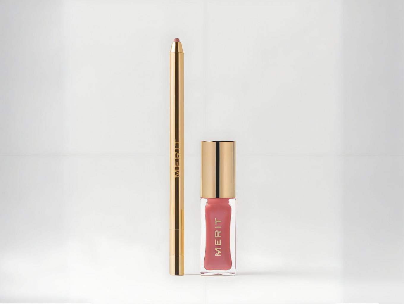 Merit Beauty's The Lip Duo: Signature Lip Lightweight Lipstick and Shade Slick Tinted Lip Oil displayed together, showing their sleek packaging.