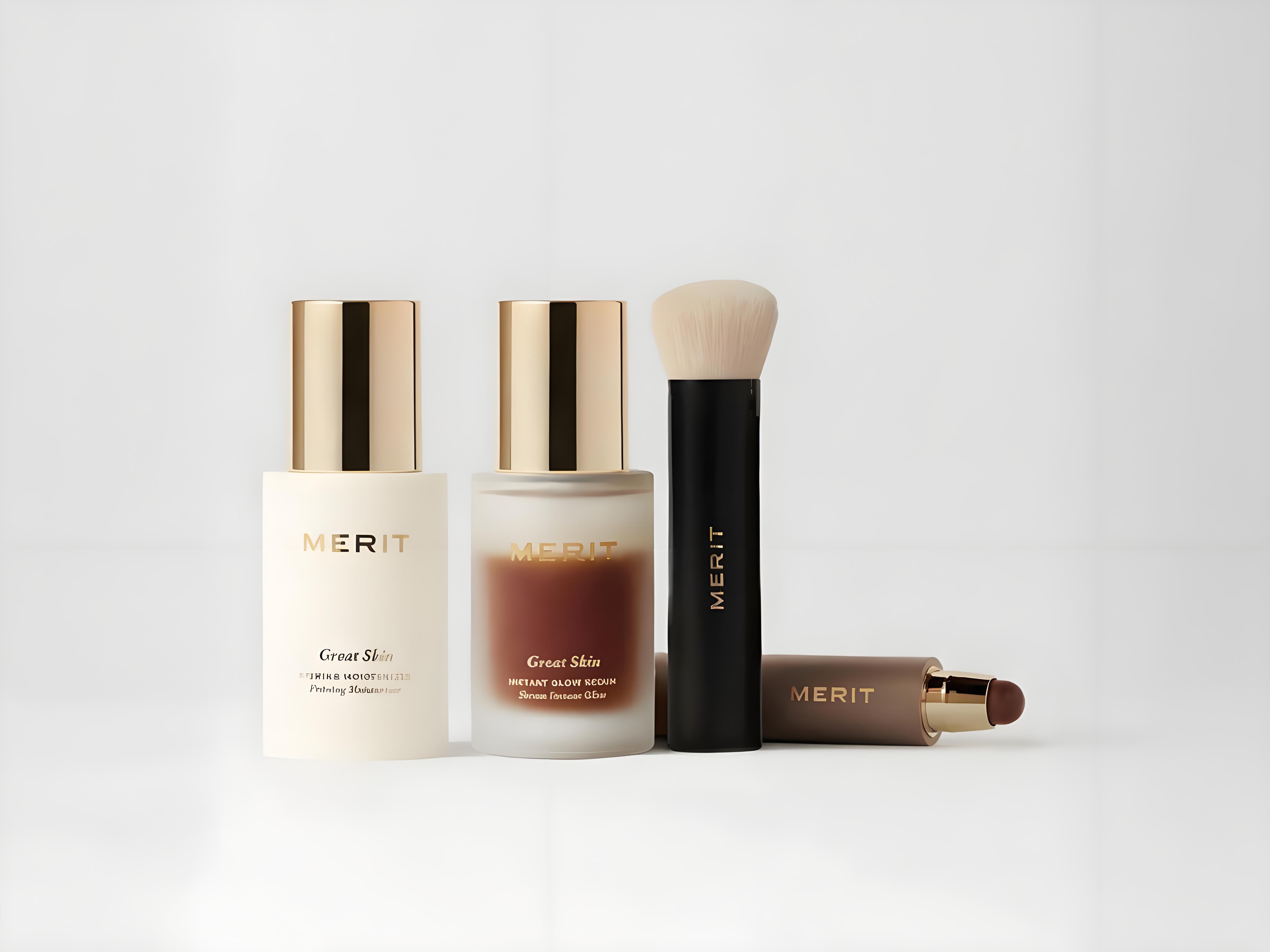 Merit Beauty The Prep Set containing Great Skin Serum, Moisturizer, The Minimalist complexion stick and Brush No.1
